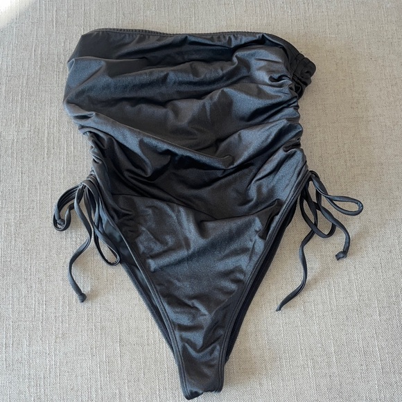 Charcoal High Waisted Ruched One Piece Swim - Picture 1 of 4